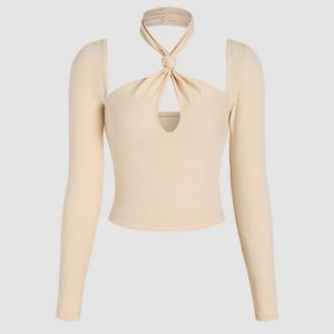 New - Khaki Cut Out Knotted Halter Crop Top (M) - Cider